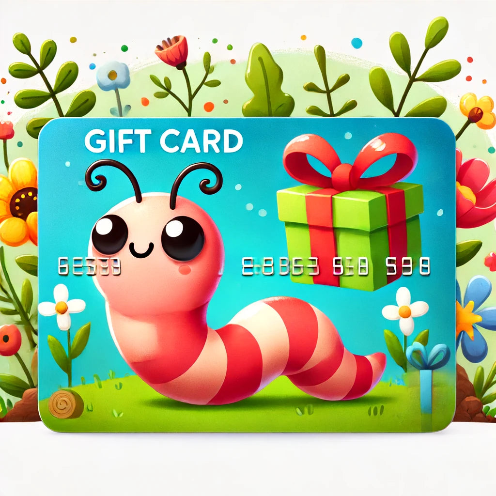 Colorful gift card featuring a cute cartoon worm with big eyes, set against a bright background with a green gift box tied with a red ribbon and surrounded by flowers.