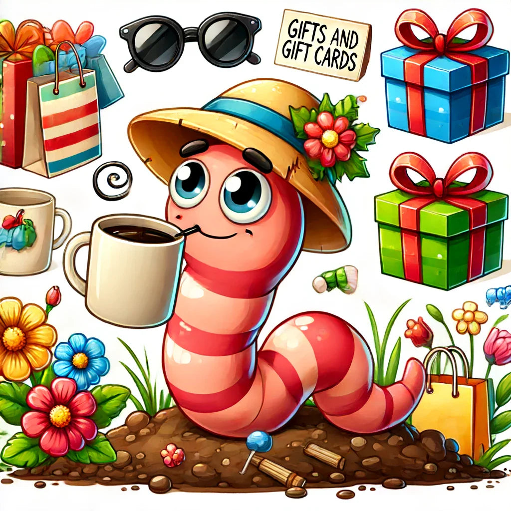 Cartoon worm wearing a hat and drinking from a mug, surrounded by gift boxes, shopping bags, sunglasses, flowers, and a sign that reads 'Gifts and Gift Cards' – perfect for gardening enthusiasts and eco-friendly gifts.