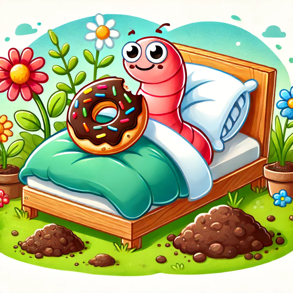 Cartoon worm in bed holding a chocolate donut with colorful sprinkles, surrounded by flowers and potted plants in a garden – illustrating worm food and bedding products for happy, healthy worms.